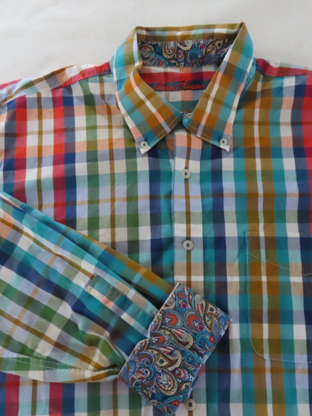 Alan Flusser Mens shirt plaid XXL flip cuff paisley long sleeve button down fall